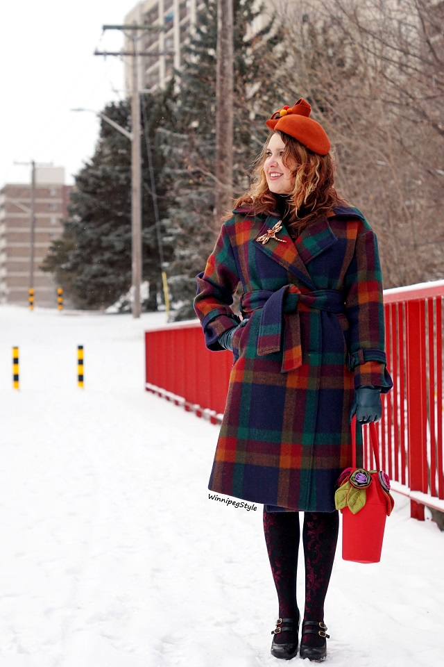 Winnipeg Style, Canadian Fashion stylist blog, Chicwish rainbow plaid wool trench coat, plaid multi color winter wool double breasted coat, Coque Millinery by Ericah wool orange ribbon pom pom Rebecca winter designer hat, Pierre Mantoux velvet black burgundy floral design tights nylons, Chie Mihara Tania black leather Mary Jane retro vintage style shoe, 2018